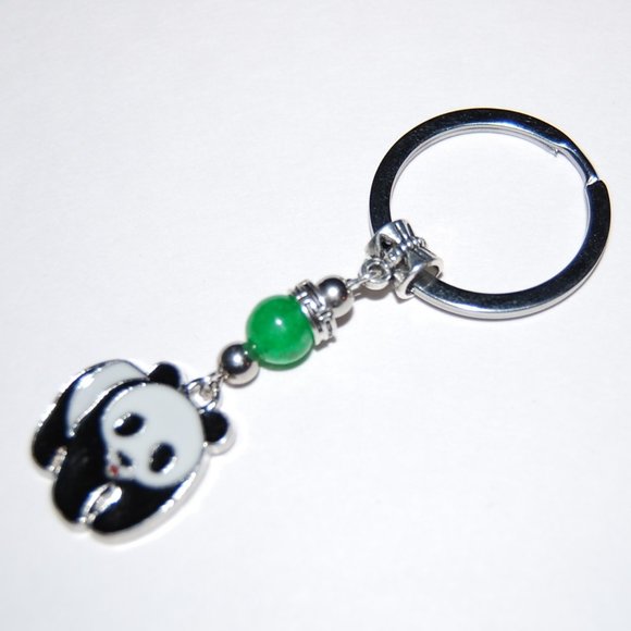 Panda Keychain,Green Jade Bead,Panda Bear Keychain,Wildlife Animal Keyring - Picture 2 of 2
